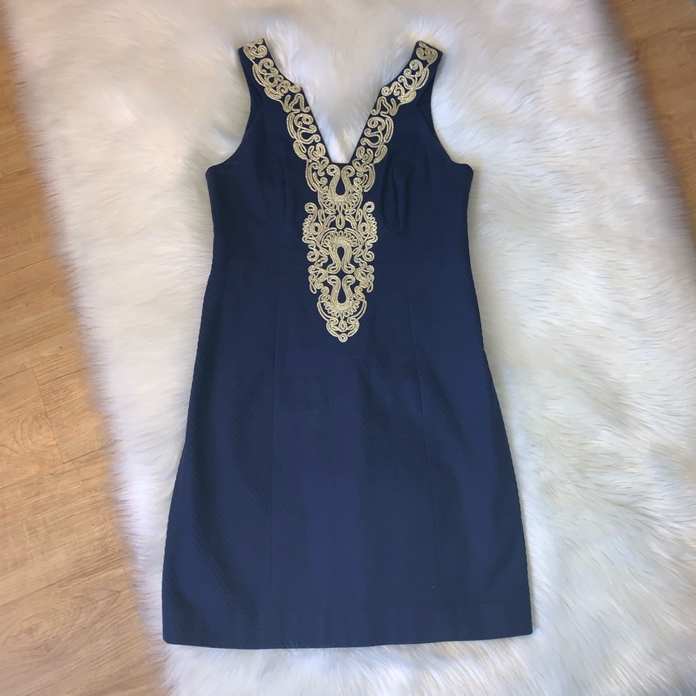 Lilly pulitzer navy and gold shift dress